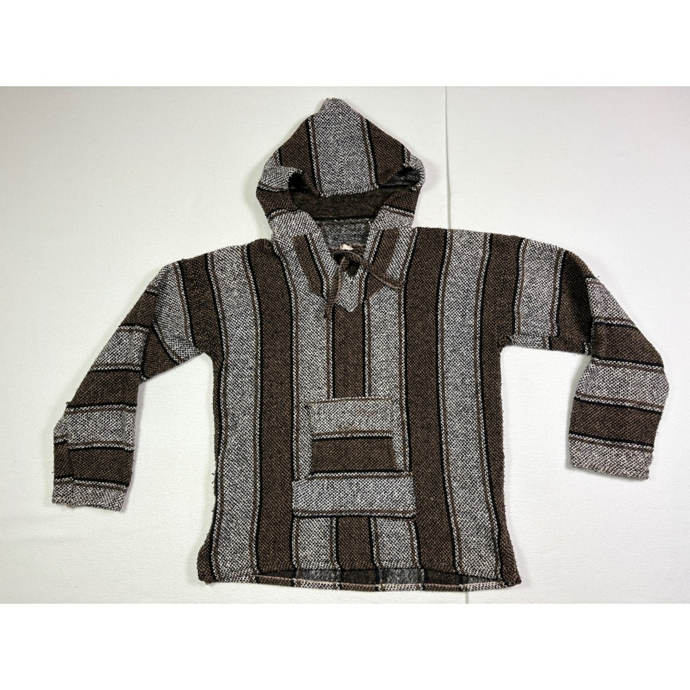 Molina Baja Hoodie Mens Medium Brown Gray Striped Mexican Drug Rug Pullover